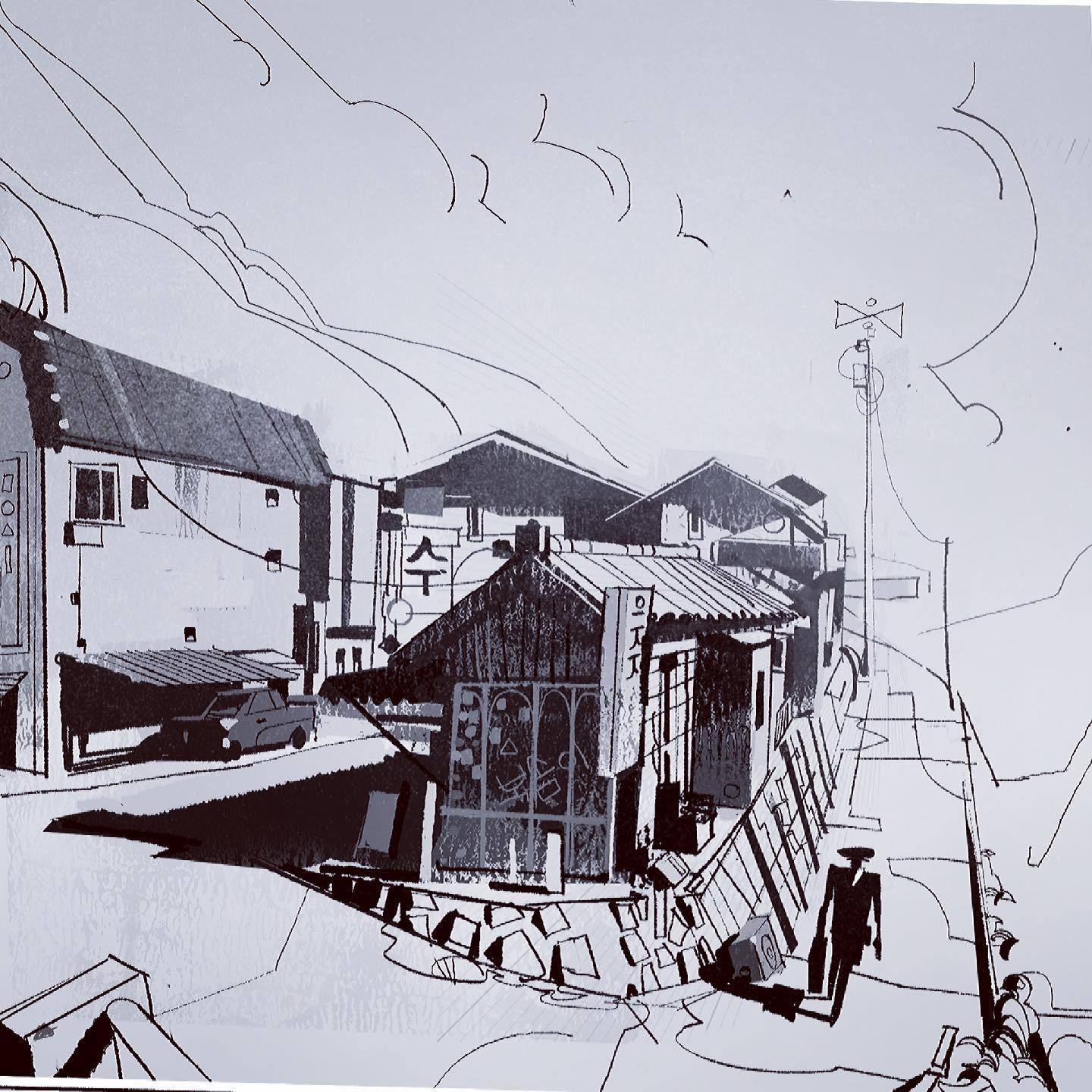 a black and white sketch of a city street with buildings on both sides. the buildings are drawn in a simple style, with rough lines and shading. there are some trees and a street lamp in the foreground. the sketch is done in a perspective view, giving the impression of depth. the scene is evocative of a city in asia, perhaps japan, korea, or china. the buildings have a traditional style with tile roofs and details that suggest they are shops or businesses. the street is empty, giving the scene a sense of peace and tranquility. there are some small details that suggest a bustling city life, such as the street lamp and the shadows cast by the buildings. the sketch is done in a loose and expressive style, creating a sense of movement and energy.