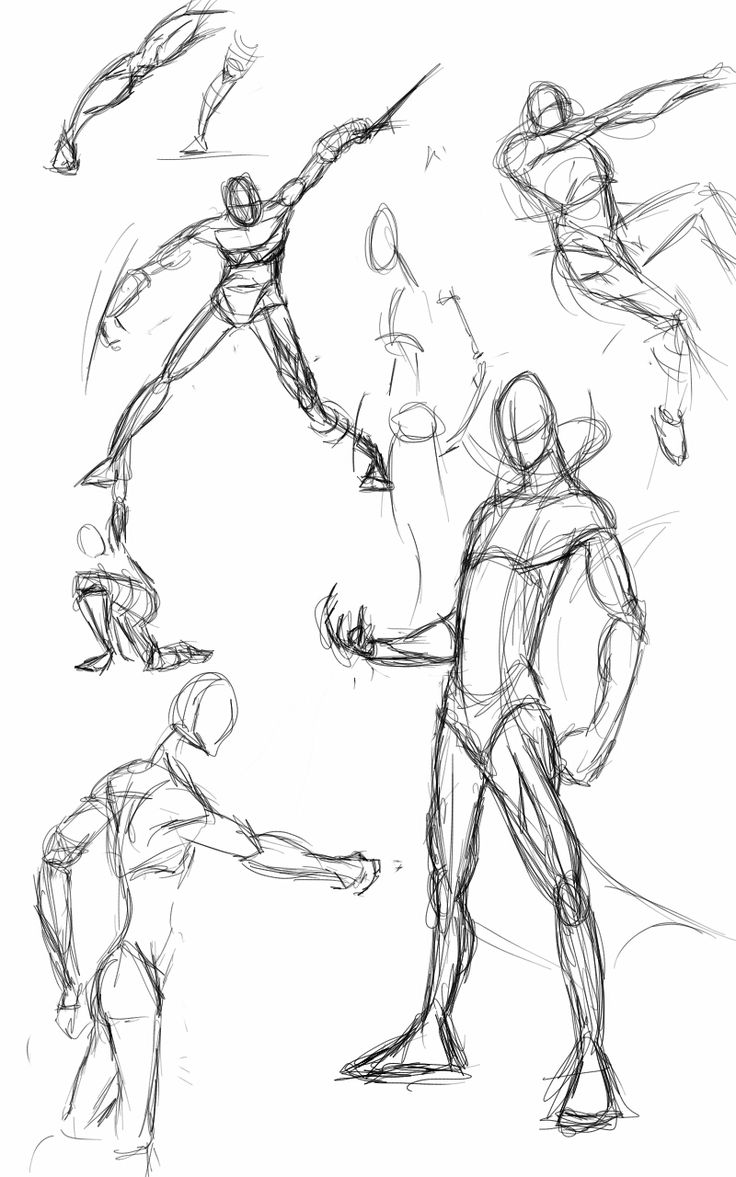 this is a sketch of a figure drawing with multiple poses, focusing on the human anatomy and muscle definition. the sketches are rough and dynamic, capturing movement and action. the focus is on the silhouette and gesture of the figures, rather than detail.