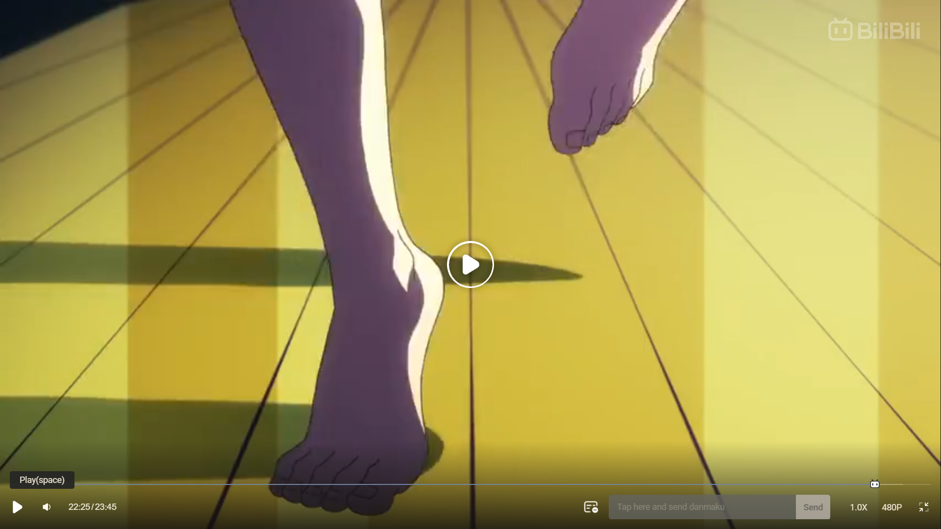 a screenshot from an anime video showing a pair of feet walking away from the viewer. the feet are bare and the person is wearing a skirt. the floor is yellow with thin black lines. the video player controls are visible at the bottom of the image. ```