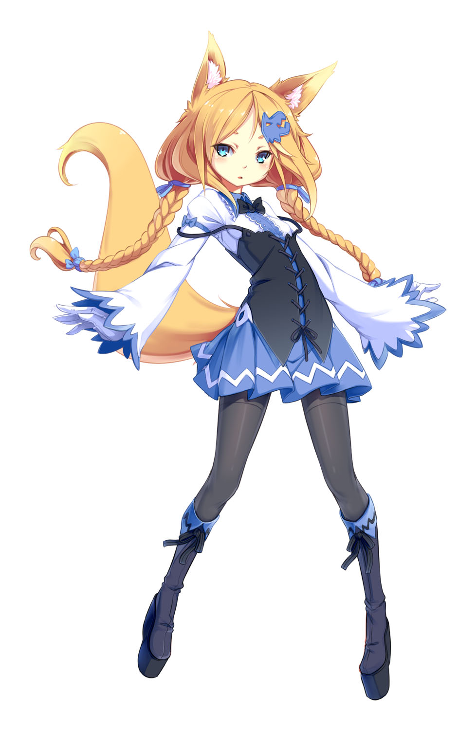 a cute anime girl with fox ears and a tail is wearing a blue and white dress with black stockings and boots. she has blonde hair braided into pigtails. she is looking at the viewer with a sweet expression. the background is white.