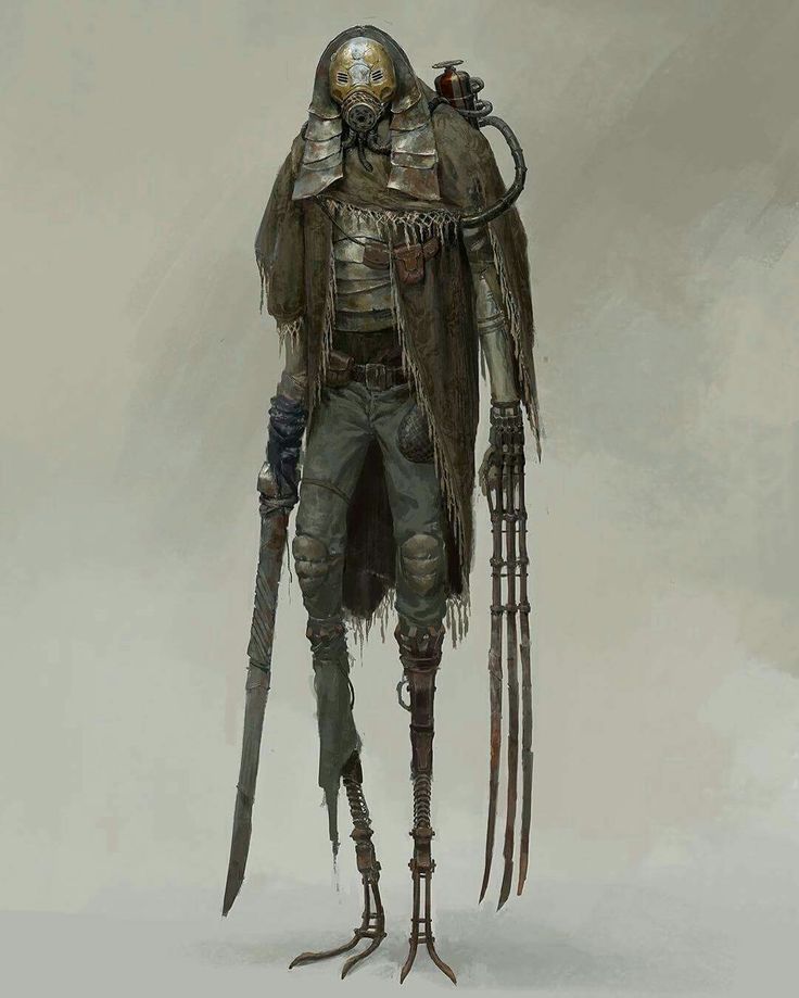 a full body character concept art of a postapocalyptic survivor.  they are wearing a gas mask that obscures their entire face, a tattered cloak, and have  mechanical prosthetics for their legs and one arm. the legs are multijointed with birdlike feet. they are also carrying a large sword.