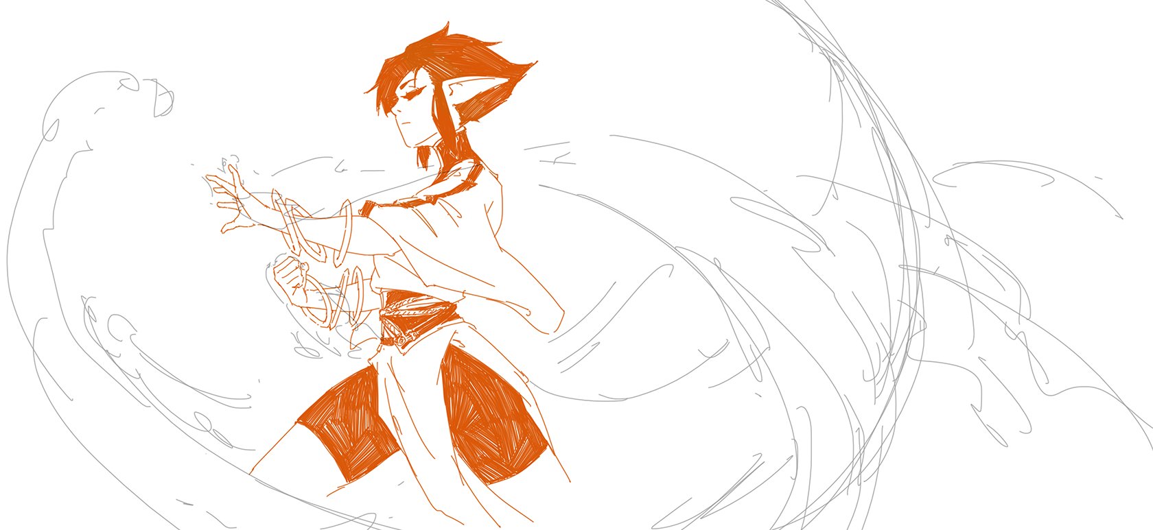 the image is a dynamic digital sketch or drawing of a young, female animestyle elf character.  she appears to be wielding or manipulating magical energy, indicated by the swirling lines around her hands and body.  the character has pointed ears, dark hair, and is dressed in a loose, flowing outfit with orange accents. the style is expressive and loose, suggesting a quick study or concept piece rather than a polished final work.  the linework is primarily orange over a layer of grey underdrawing, giving it a sense of movement and energy.