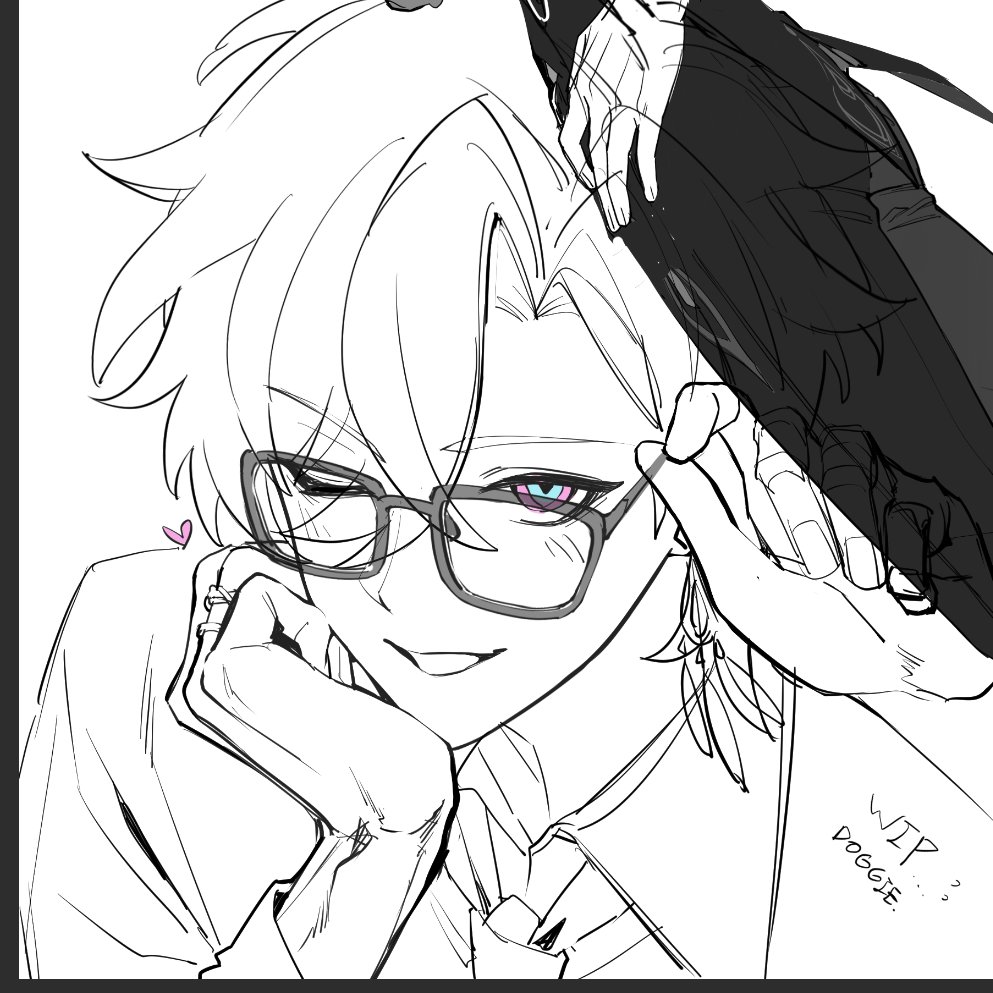 a monochrome animestyle digital illustration of a smiling man with glasses, a suit, and a tie. he has purple eyes and earrings. a pink heart is near his face, and a hand is placed on his head. the illustration includes the text "wip doggie."