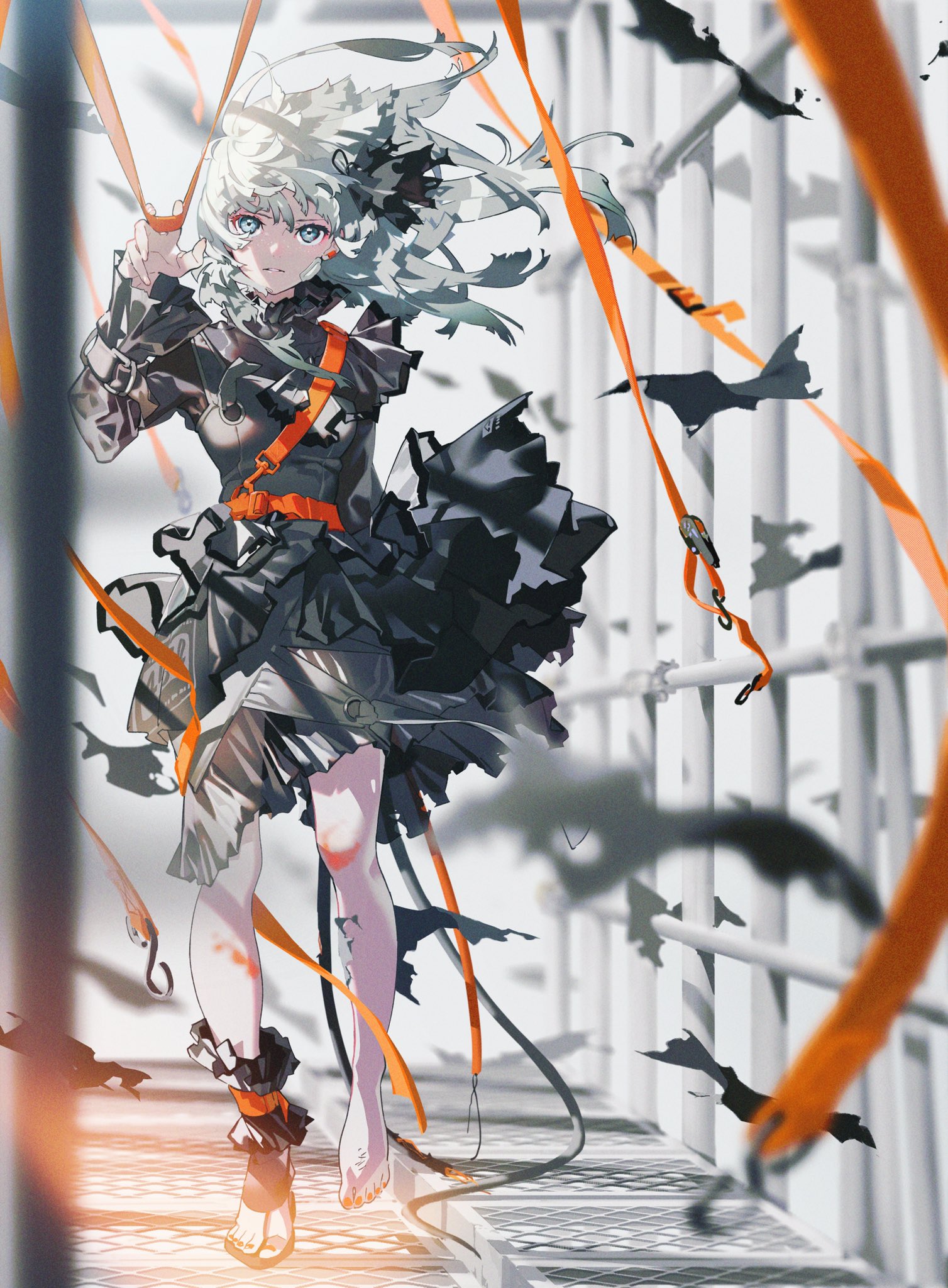the image features a young woman with flowing white hair, clad in a black dress with orange straps, navigating a scaffoldinglike structure. the wind whips through her hair and clothes, creating a sense of dynamic movement. she appears determined and focused as she confidently traverses the metal framework. the color palette is primarily cool grays and whites, with vibrant orange straps providing a striking contrast.