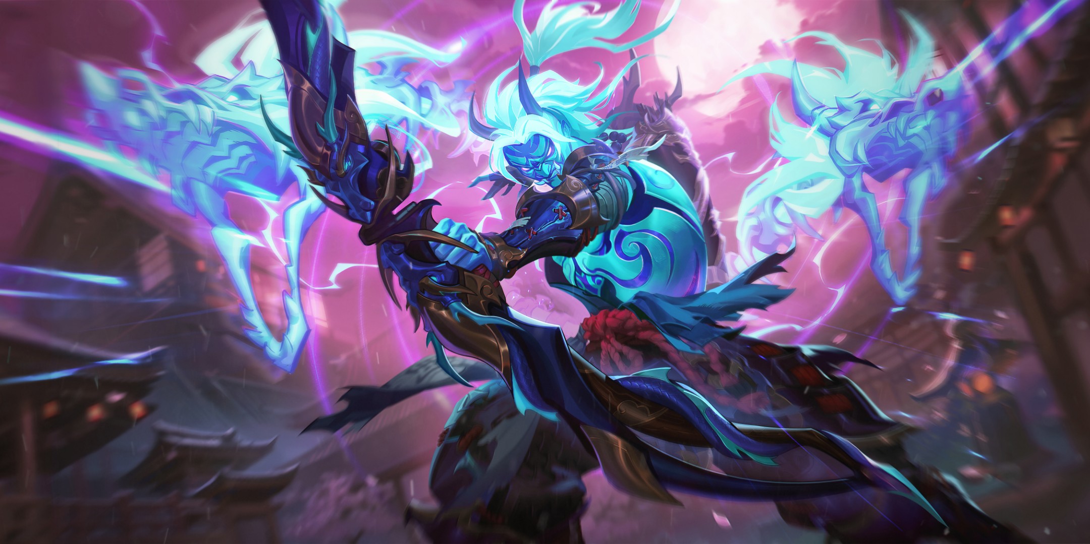 this is a digital art piece featuring a blue and purple anime character wielding a bow and arrow. the character is wearing blue and white armor, with a mystical, demonlike spirit hovering around them. there are hints of glowing magic behind the warrior, creating a dynamic and exciting image.