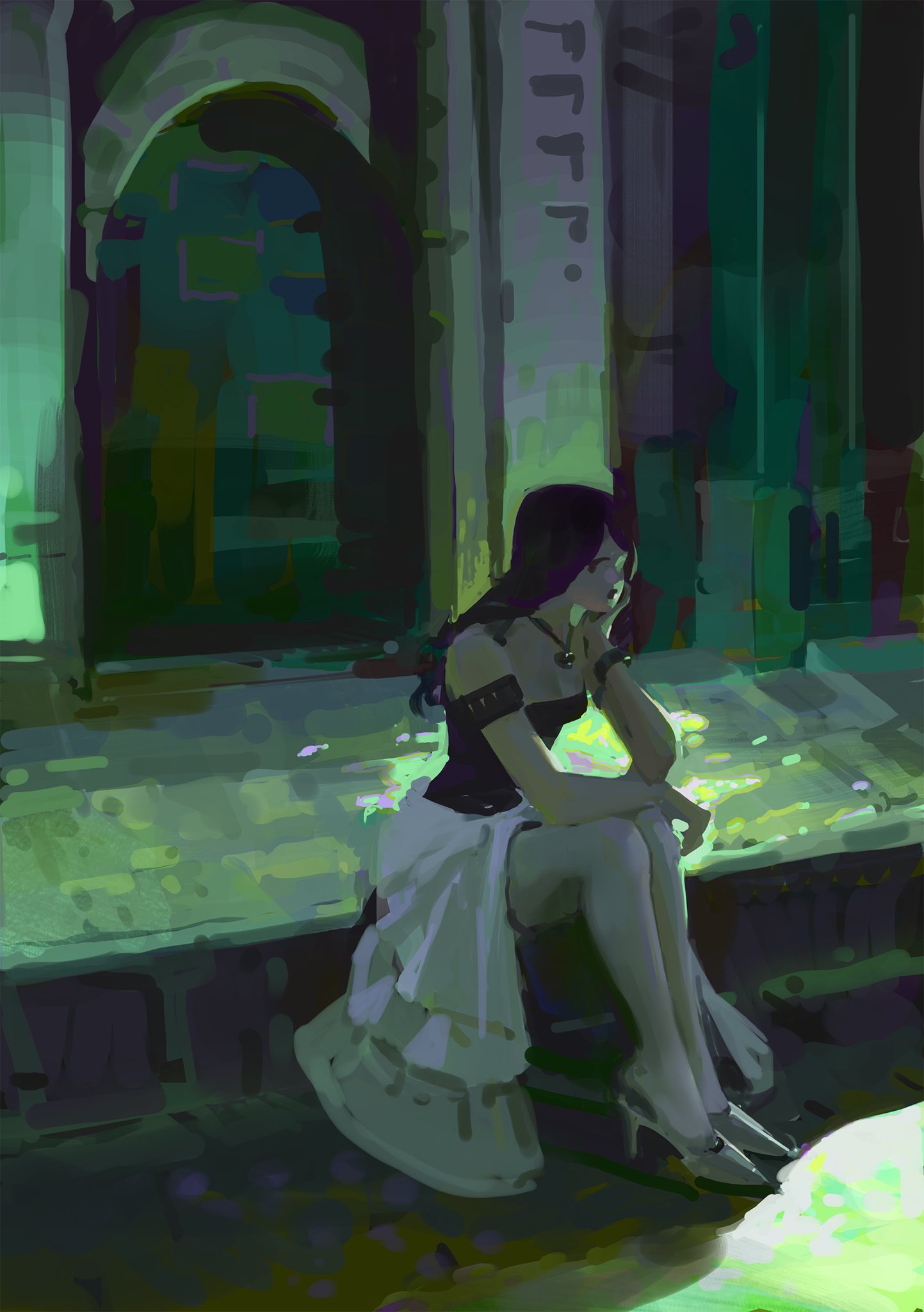 a woman with long purple hair, wearing a white dress and black top, sits alone on a stone ledge in a dimly lit street.  the background is a dark green building with an archway.