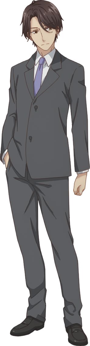 a male anime character with brown hair, wearing a gray suit, a purple tie, and black shoes. he is standing, his hands in his pockets.