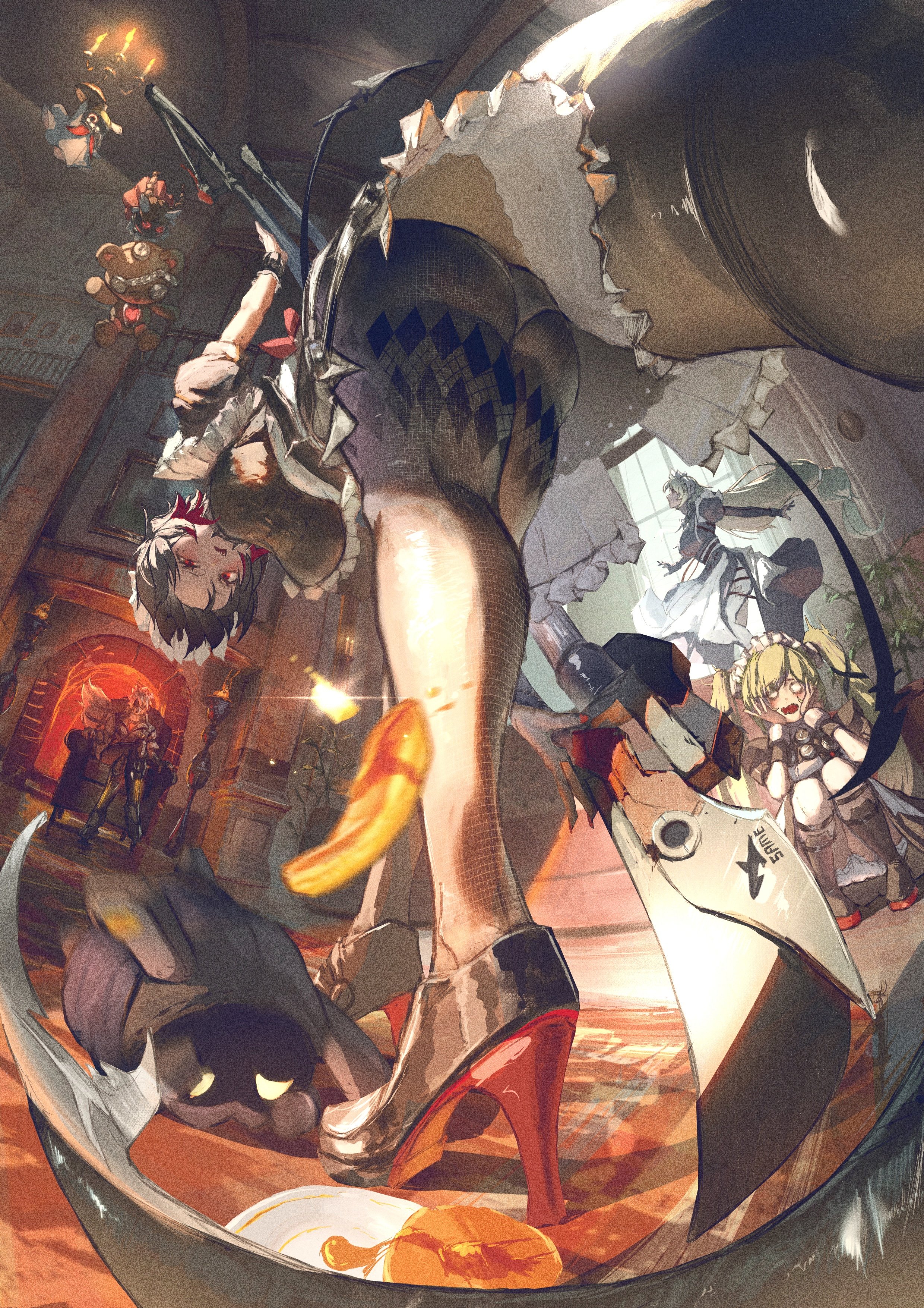 he image is a dynamic and colorful animestyle illustration depicting a fierce female maid character in a fighting pose. she's wielding a large scythe, and her highheeled shoes are positioned on a fallen foe. the background is a chaotic mix of a luxurious mansion interior and elements of a battle, suggesting a violent and dramatic scene.  other characters can be seen in the background, seemingly engaged in combat. the overall style is vibrant and detailed, incorporating elements of fantasy and gothic aesthetics.  the composition is complex and energetic, with action lines and contrasting colors creating a sense of movement and tension.