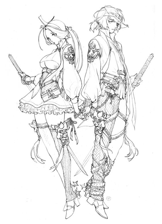 the image is a detailed black and white sketch of a male and female samurai warrior couple, standing back to back. they are both clad in elaborate, stylized outfits that blend traditional samurai armor elements with flowing fabrics and decorative details. both wield katanas, the blades resting downwards. the female warrior has long, flowing hair and a more delicate build, while the male warrior is lean and has his hair styled upwards. the drawing style is reminiscent of manga or anime.