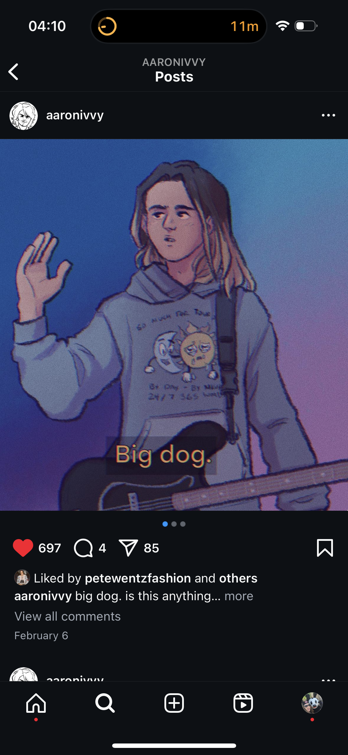 an instagram post from aaronivvy, the image features a cartoon character in a light blue hoodie with "big dog" written across the bottom of the image. the character is holding a guitar and has long, brown hair. the image also shows a profile picture of aaronivvy.  the caption reads, "liked by petewentzfashion and others aaronivvy big dog. is this anything...more view all comments february 6"