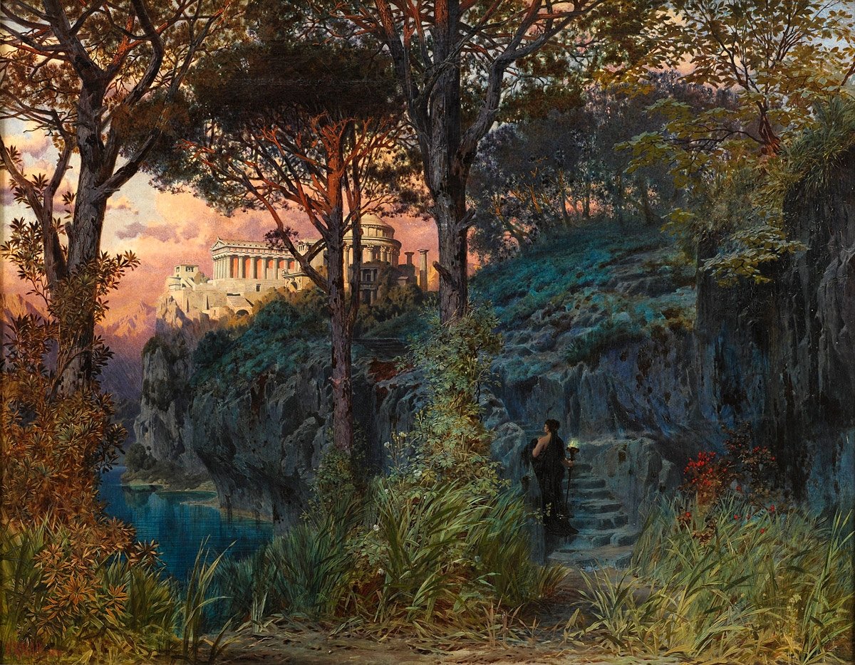 this is a landscape painting showing a lake and a forest during sunset. on a hill in the background, there is a greekstyle temple. there is one person holding a torch standing on stairs next to the lake.