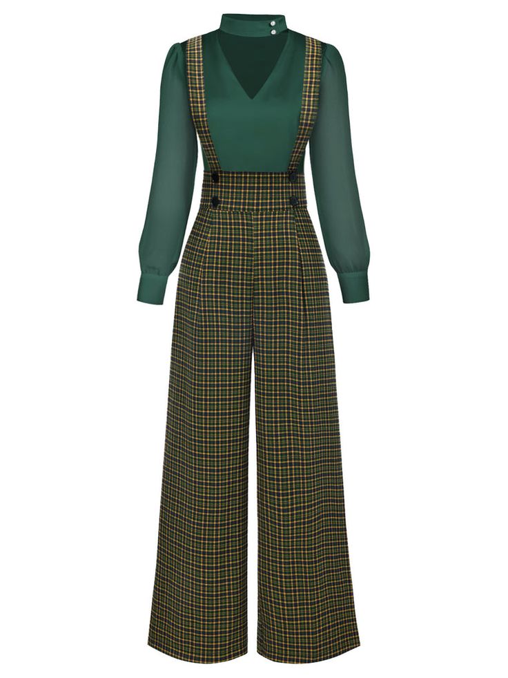 a green longsleeved jumpsuit with a plaid pattern and an overall style. the jumpsuit has a high neck with buttons and wide leg pants.