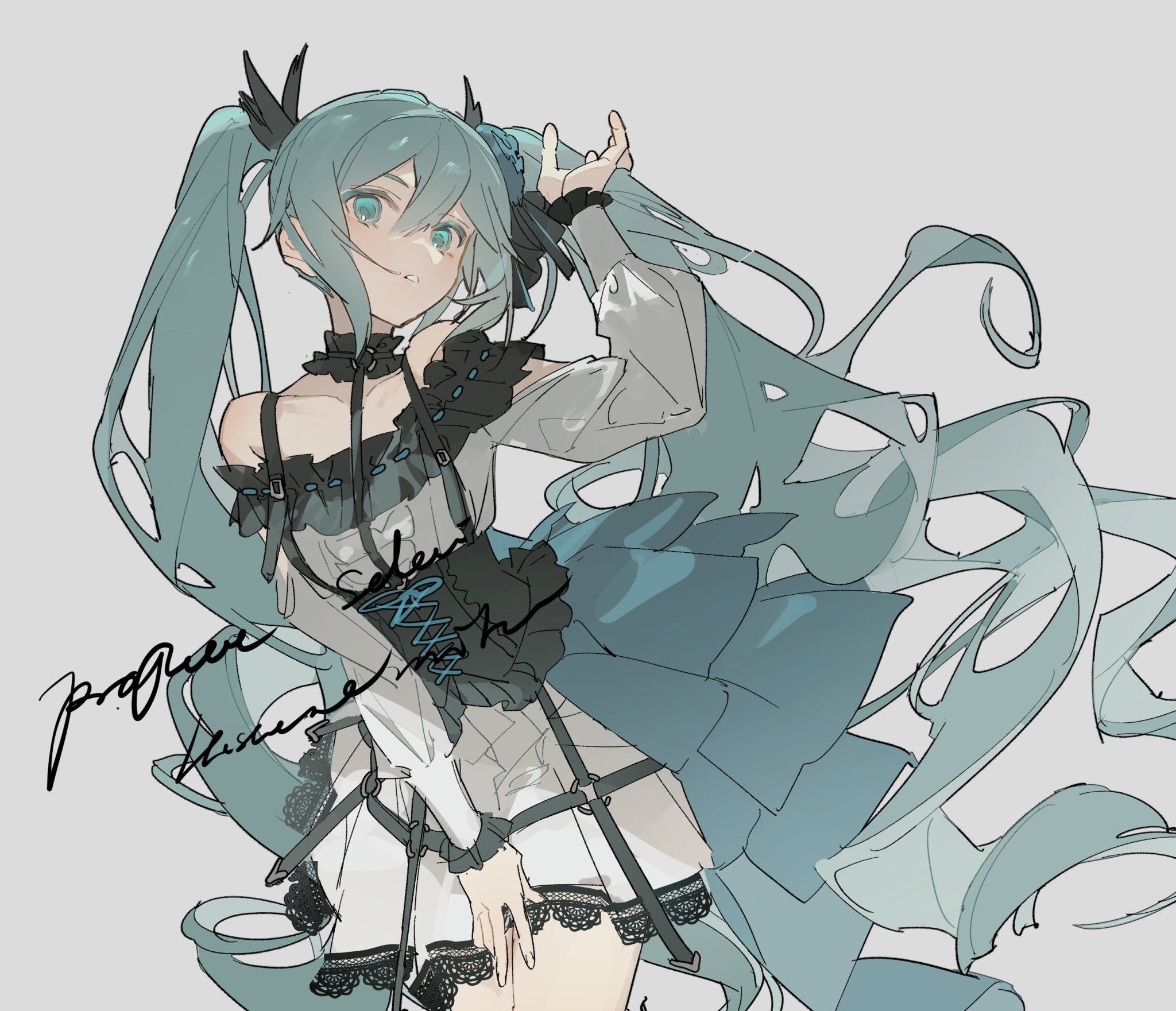 the image is an animestyle illustration of a woman who appears to be miku hatsune. she has turquoise hair styled in twintails with hair ornaments. her attire is gothic lolitainspired, with a black and white outfit featuring lace, straps, and ribbons. the background is a neutral grey. a signature is visible on the lower left side of the image.