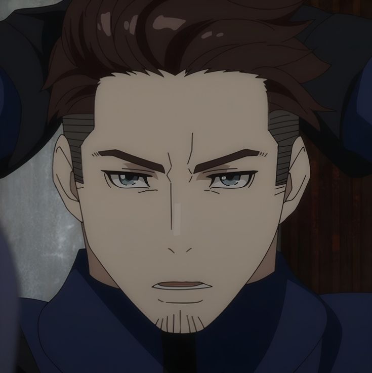 a closeup of a seriouslooking anime character with brown hair and blue eyes. he is wearing a dark blue jacket and has a beard and stubble. he is looking straight ahead with a stern expression on his face.  the character seems determined and focused.
