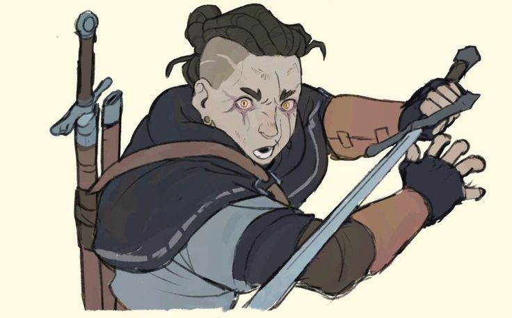 a female warrior, armed with two swords, one in each hand, is shown midfight, her expression determined, and eyes filled with fire. her face is marked with scars and a darker complexion, emphasizing her battlehardened appearance. the illustration showcases her strong, powerful stance as she charges into the fight. the art style is detailed and expressive, creating a dynamic and intense visual that highlights the character's bravery and determination.