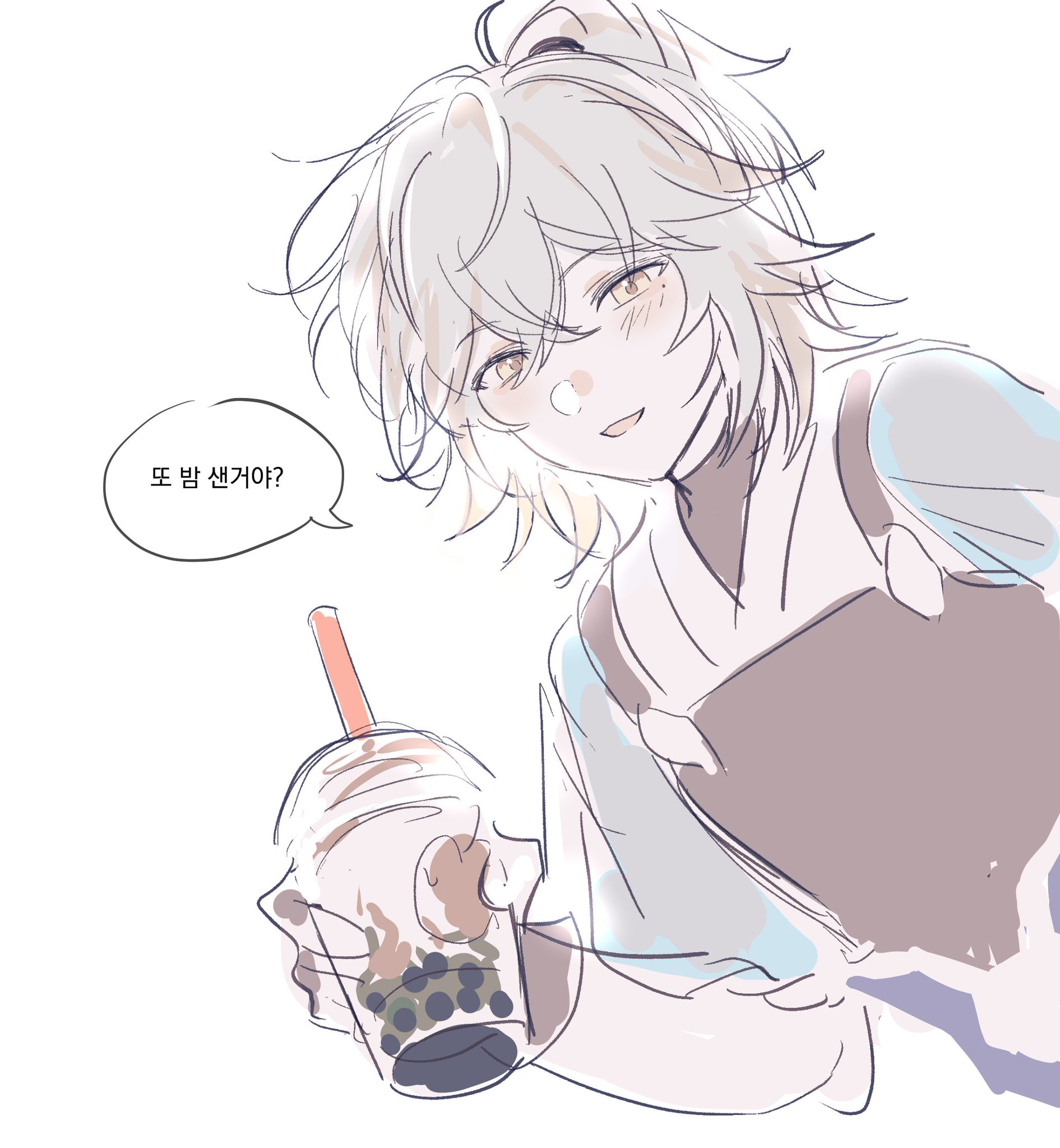 a digital illustration of an anime girl with white hair, smiling at the viewer while holding a boba tea. the girl is drawn in a soft, pastel color palette.