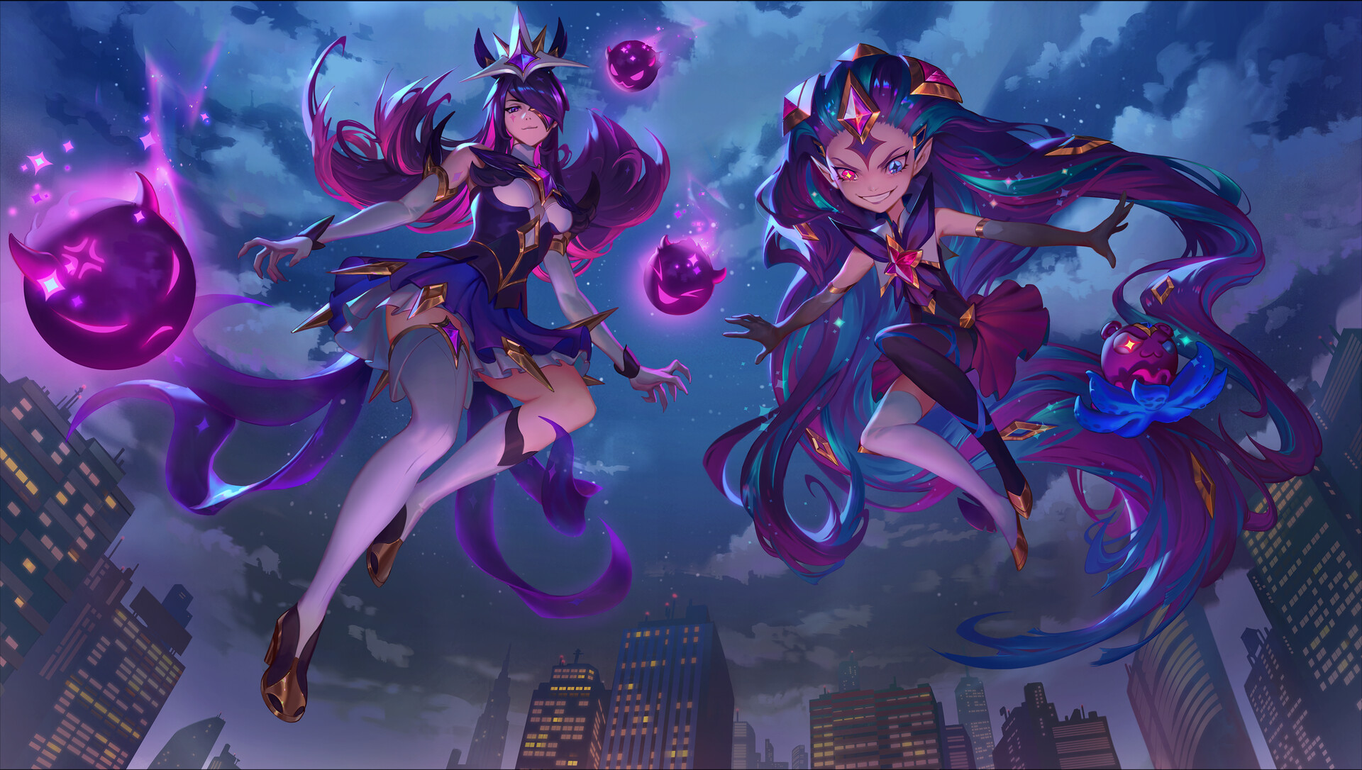 this is a league of legends illustration of two magical girls in the night sky above a city.  they are both dressed in purple and blue outfits with stars on them.  they are holding weapons and have long flowing hair.  there are stars in the background and in the city.