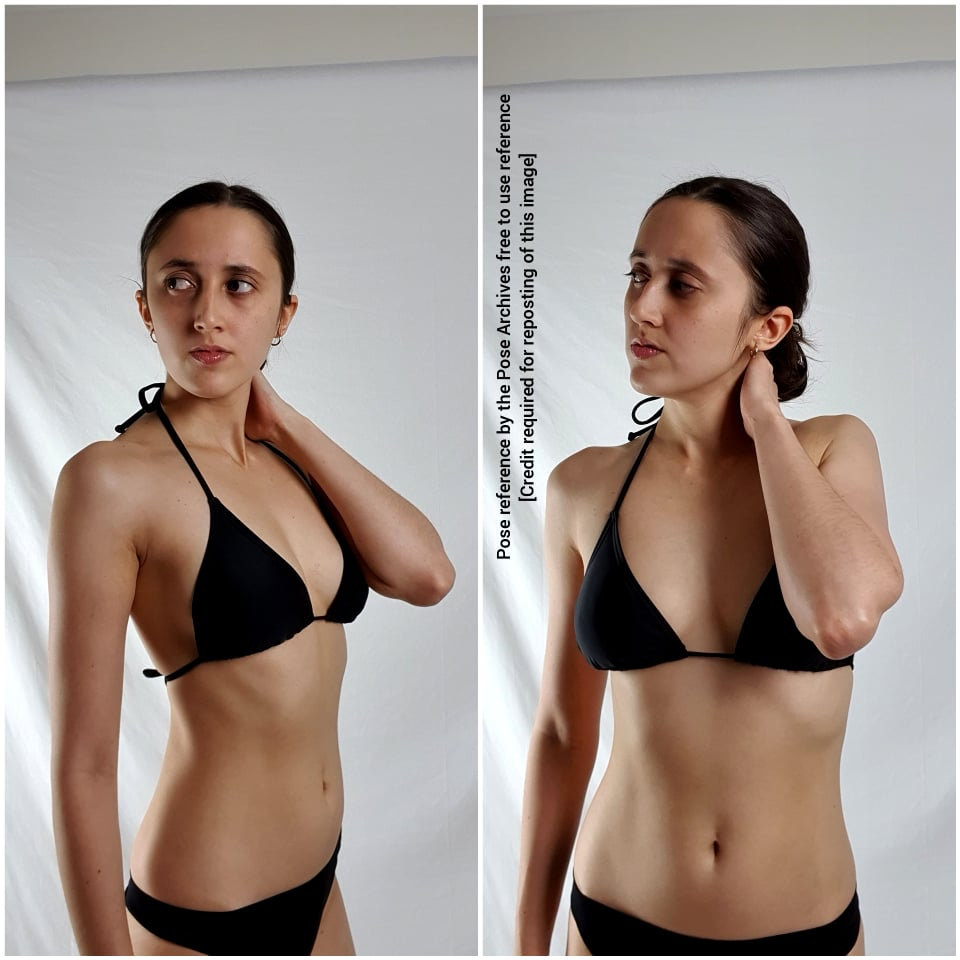 two images of a woman with light brown skin and dark brown hair in a bun and wearing a black bikini, standing in front of a white background. she is looking slightly to the left in both images and holding the back of her neck with her right hand.```