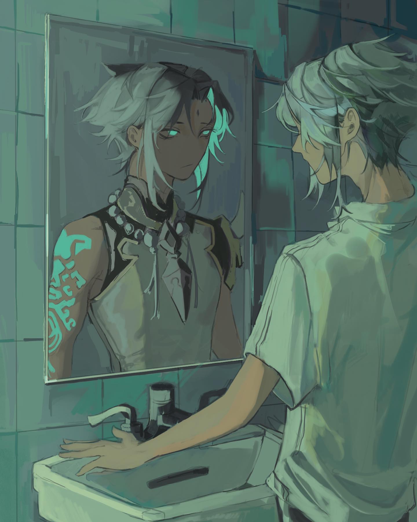 the image shows a young man with white hair standing in a dimly lit bathroom, staring into a mirror. in the mirror's reflection, however, he sees a different version of himself. this reflection is characterized by darker skin, glowing green eyes, and intricate tribalstyle tattoos on his arm and face. the overall atmosphere is mysterious and suggestive of an internal conflict or transformation.