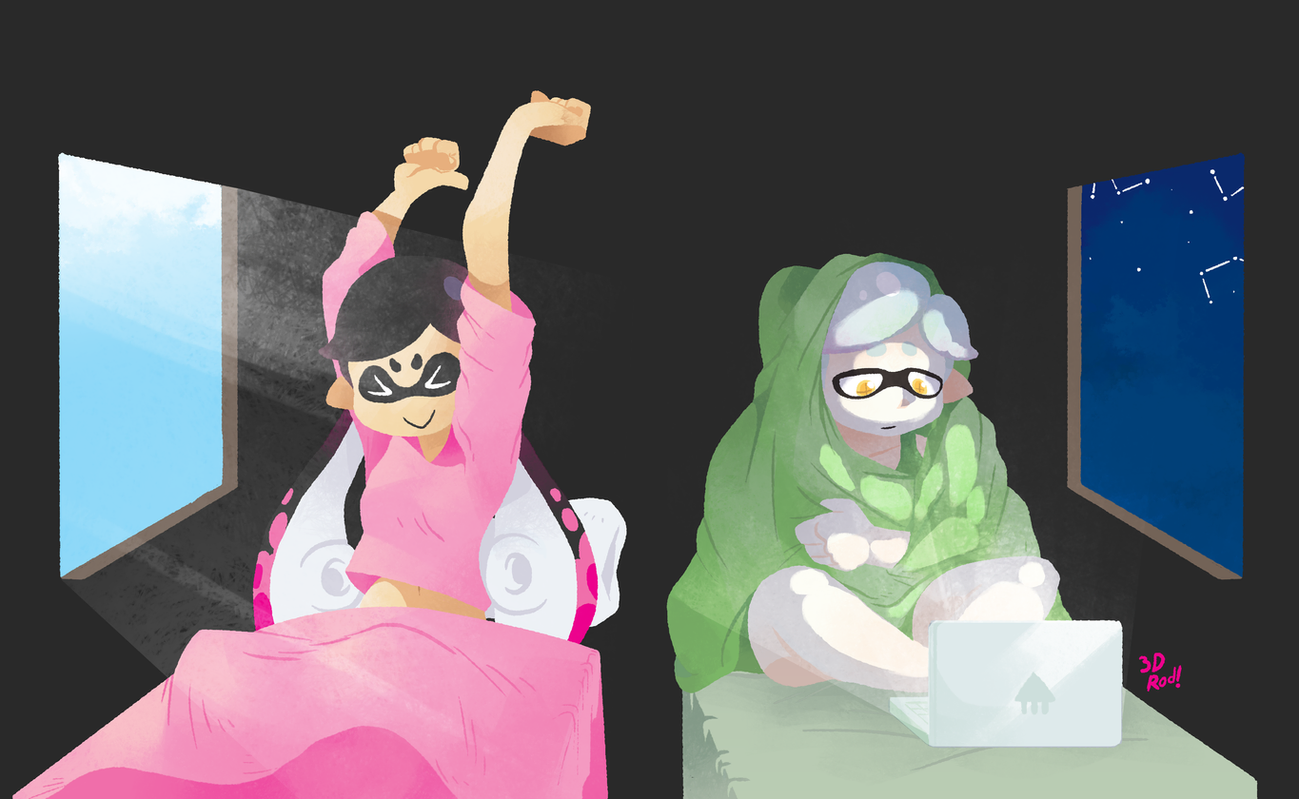 the image shows two squid/octopus girls, one in pajamas and the other in a green blanket, in a room at night. the girl in pajamas is stretching, and the girl in the green blanket is looking at a computer. the image is cartoonish and has a whimsical style.