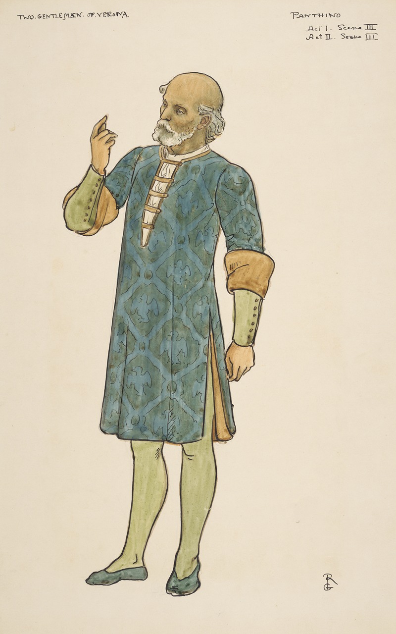 an illustration of a costume design for panthino in the play two gentlemen of verona. the drawing shows a man in a kneelength blue tunic with an ornate pattern. the sleeves are cuffed with fur and green fabric. he wears pale green tights and pointed shoes. he has a receding hairline and a white beard. the inscription at the top right states, "panthino, act i. scene iii, act ii. scene iii."