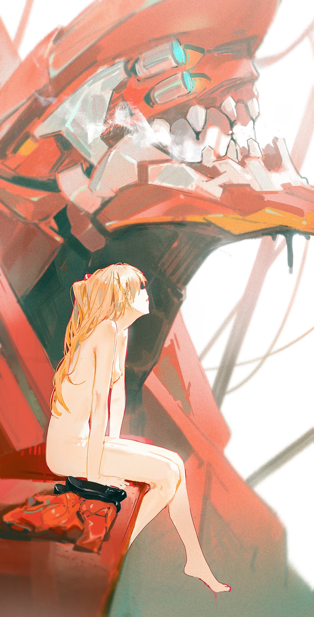 a young woman with long blond hair is sitting on the side of a giant, red robot. she is looking upwards at the sky which is white. the scene is drawn in an art style and is very detailed, using vibrant colors. the woman's body is nude, which is common in anime. the robot has a very detailed and intricate design with sharp edges and teeth. the woman's expression is very peaceful and serene, giving off a sense of calm and peace.