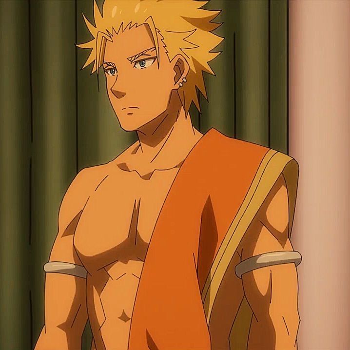 a buff, shirtless anime man with blond hair is standing in an orange robe. he has an orange robe on his shoulders and two bracelets on his arms. he is looking away with a serious expression.
