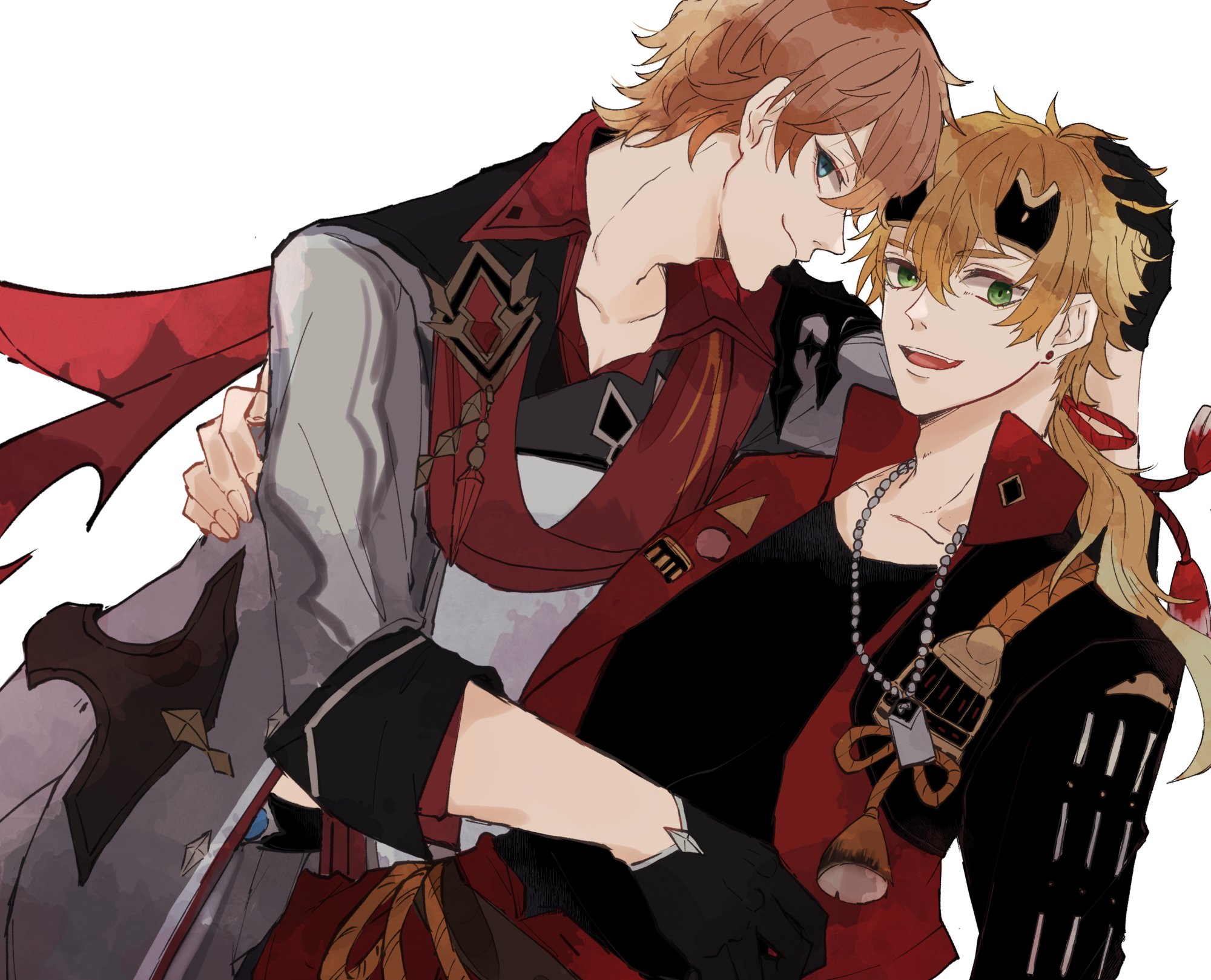 a digital illustration of two anime men hugging each other, the man on the left is wearing white and red clothes with a red scarf around his neck and the man on the right is wearing black, red, and gold clothes with a black scarf and a gold necklace. they are smiling and hugging tightly.