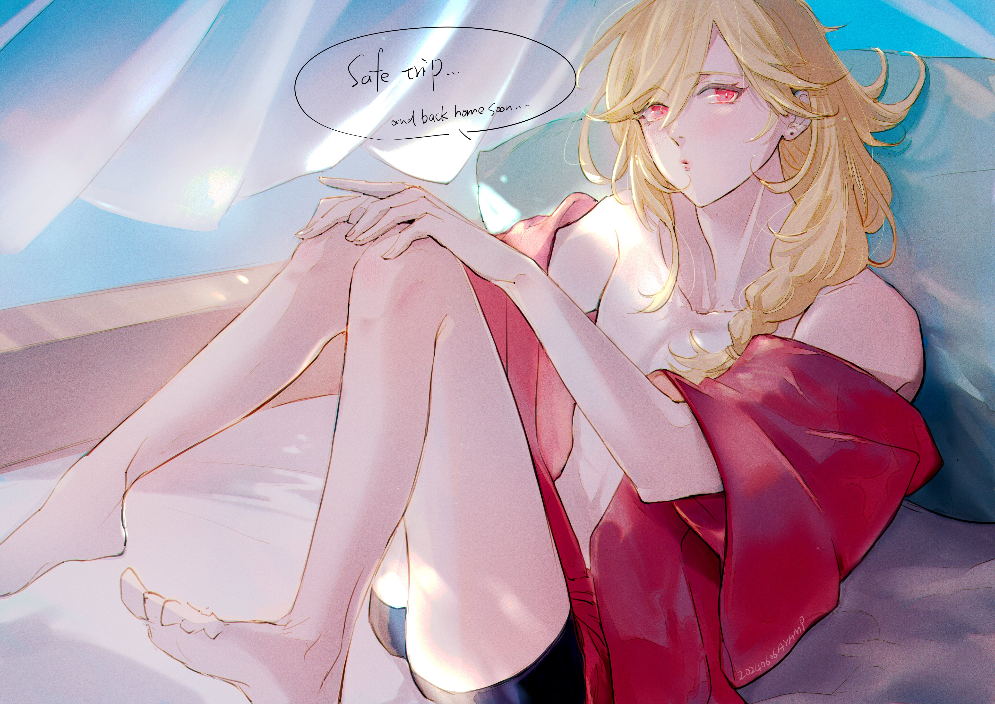 a young woman with long blonde hair and red eyes is sitting on a bed in a bedroom. she is wearing a red robe and a white top. she has her legs crossed and is looking down. the room is decorated with pink and white colors. the caption "safe trip...and back home soon..." is in a thought bubble above her.