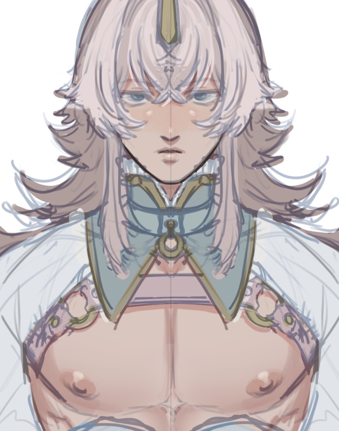 he image is a digital drawing or painting of a male anime/manga character.  he has long, pale pink hair and pale skin.  he's wearing an elaborate, lightcolored collar with gold accents and what appears to be a partially unbuttoned, lightcolored garment that reveals his muscular chest.  his expression is serious and somewhat stoic. the art style is soft and ethereal, with a focus on delicate details in the character's features and clothing.  the overall aesthetic is one of fantasy or perhaps a stylized historical setting.  the image is presented as a symmetrical portrait, with the vertical axis acting as a mirror line.