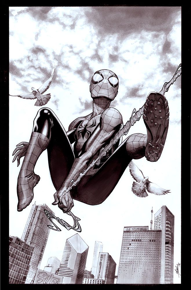 this is a black and white illustration of spiderman webslinging through the city. he is in a dynamic pose with his legs extended and his arms reaching out. in the background are tall skyscrapers and a few flying pigeons. the style is reminiscent of a comic book illustration.