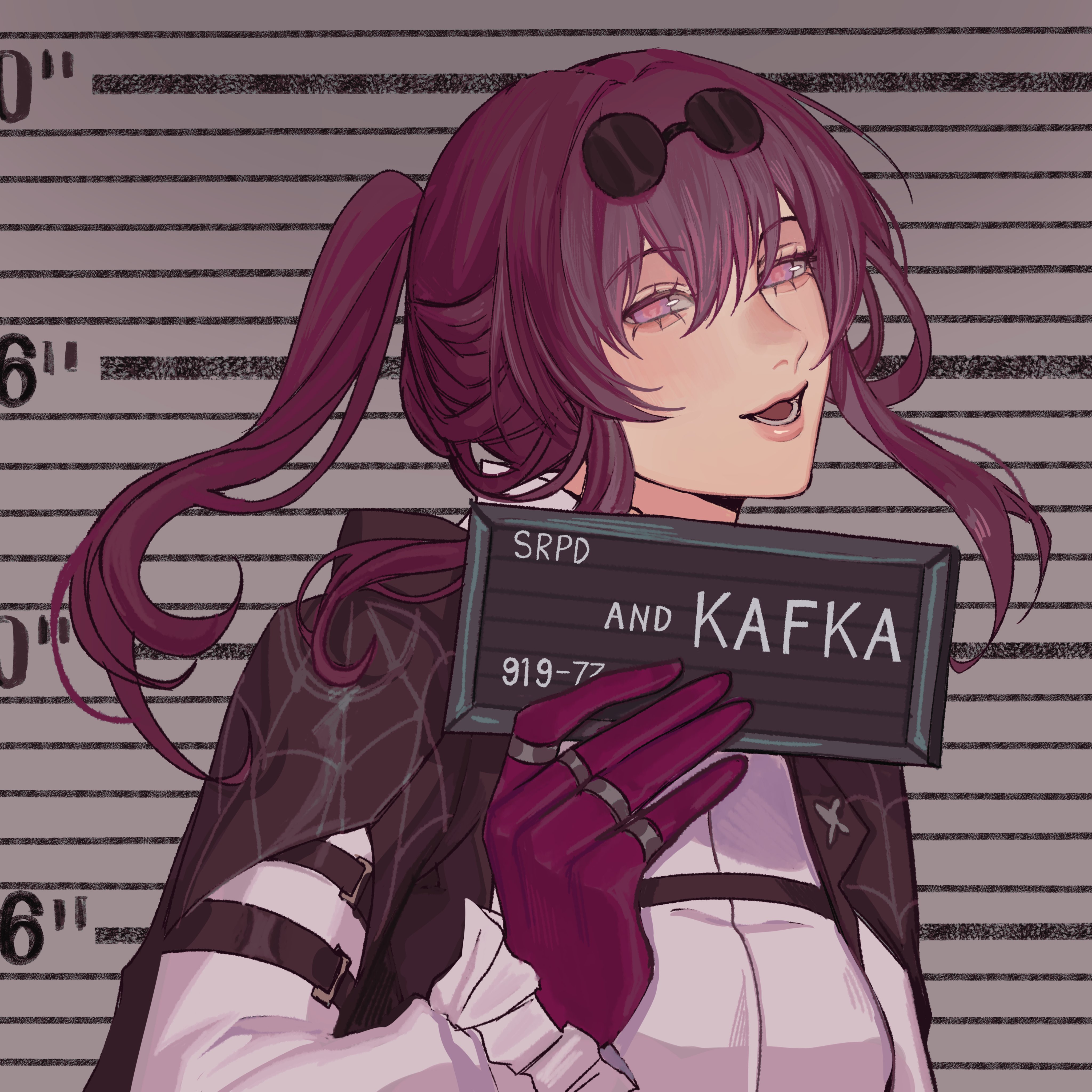 a digital anime style illustration of a young woman in a mugshot. she has long, dark purple hair pulled back into a ponytail. she is wearing a white, black, and red outfit with a black spider web pattern. she is holding a black sign that reads "srpd and kafka." the sign also has a number on it: "91977."