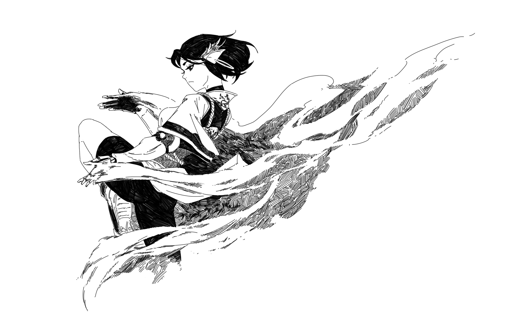 the image is a black and white ink drawing of an animestyle female character. she is depicted in a flowing garment that billows behind her, creating a sense of movement. her pose is elegant and slightly mysterious. the style is detailed and expressive, with a focus on linework and shading. the background is mostly white, allowing the character to stand out prominently. the overall feel is one of fantasy or a mystical atmosphere.