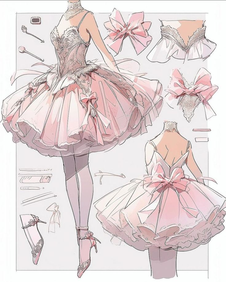 the image shows a fashion illustration of a ballerina dress. the dress is pink and white, with a tutu skirt and a lace bodice. the dress is adorned with bows and ribbons. the illustration is drawn in a delicate, romantic style.