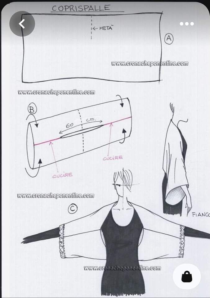 the image depicts a sewing pattern and construction diagram for a "coprispalle," which is an italian term for a shoulder coverup or shrug. the diagram shows a rectangular piece of fabric (a) with a central line marked as "meta" (middle). the next step (b) involves folding the fabric in a cylindrical shape and indicating a 60 cm opening. the text "cucire" (sew) indicates where seams should be made. a final illustration (c) shows the finished garment worn by a person, illustrating how the garment drapes across the shoulders and arms. the image also includes websites (www.cronacheponentine.com) watermarked across the content.