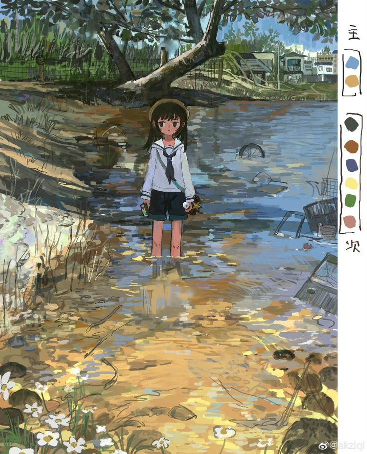 an animestyle illustration of a young girl standing in shallow water. she is wearing a school uniform with a white blouse and blue shorts, a straw hat, and holding what appears to be a game console and a baseball. the water is shallow, reflecting the sky and surrounding trees. debris such as a bicycle wheel and a shopping cart can be seen partially submerged in the water. there are white flowers growing near the edge of the water, and a large tree is present in the background. the scene is bathed in sunlight, creating a warm and idyllic atmosphere.