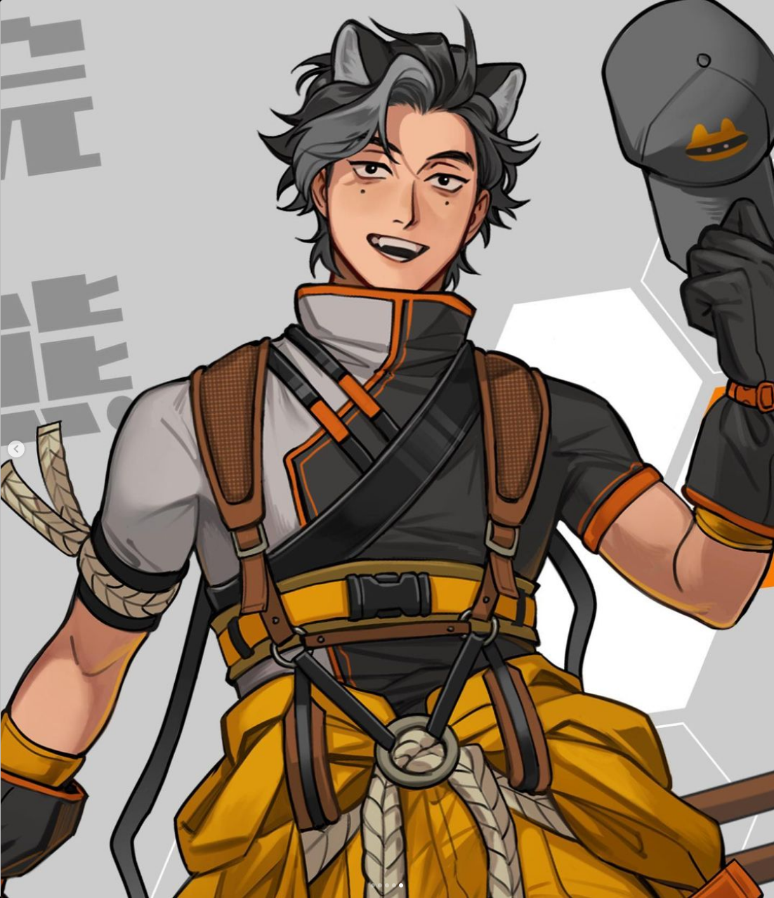 the image showcases a digital illustration of a young man with stylized features reminiscent of anime and manga.  he is portrayed as a friendly and approachable character, evident from his confident posture and welcoming smile. the character is dressed in a striking black and orange outfit, suggestive of an active or perhaps futuristic setting. his attire is detailed, featuring elements like a safety harness, gloves, and a cap, hinting at a profession or hobby that involves physical activity or risktaking. the inclusion of catlike ears adds a whimsical touch to his appearance.