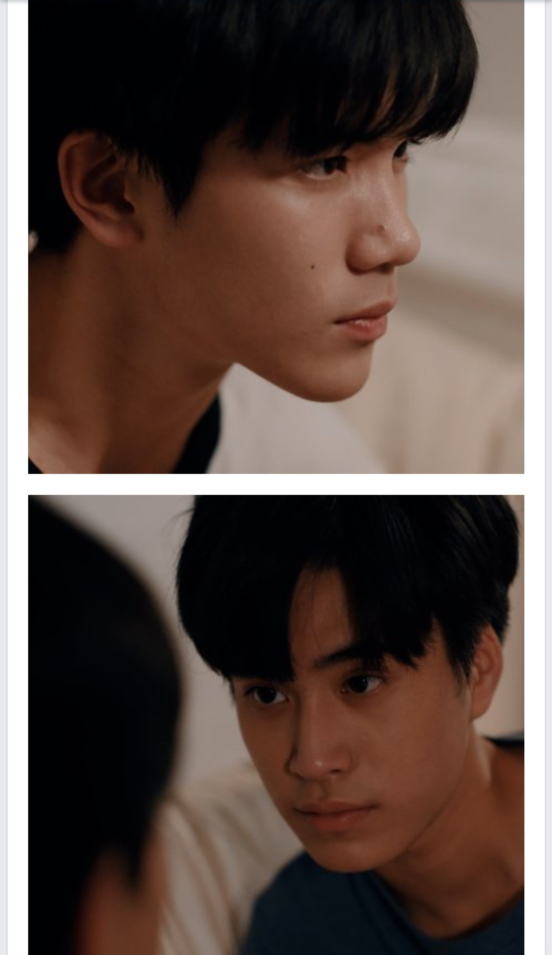 the image consists of two separate photos stacked vertically, both featuring closeup shots of the faces of two young asian men. the top photo shows the first man in profile, his expression serious and perhaps slightly apprehensive. the bottom photo focuses on the second man, his face turned slightly upwards and his eyes wide with an emotion that could be interpreted as sadness, fear, or a combination of both. the warm, soft lighting and the intimate closeup perspective contribute to the overall sense of emotional intensity and vulnerability in both images. the setting appears to be a bedroom, suggesting a private and potentially emotionally charged moment between the two individuals.