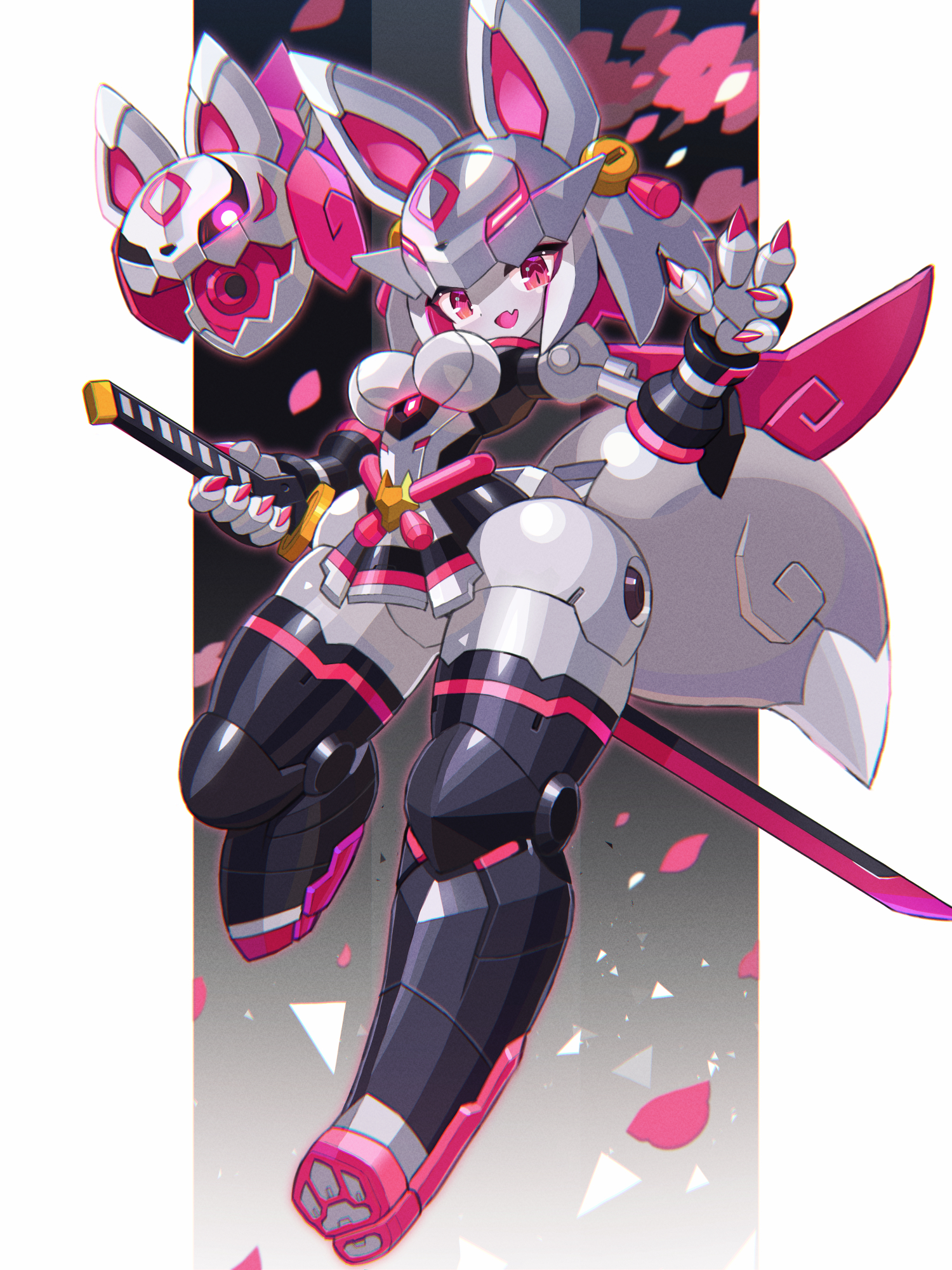 a digital illustration of a cute anime girl robot in a futuristic pink, white, and black mech suit holding a long silver sword. she has fox ears and a fox head on her shoulder,  with a sweet, innocent look. the image is drawn against a blurry dark background with pink flower petals scattered in the foreground.