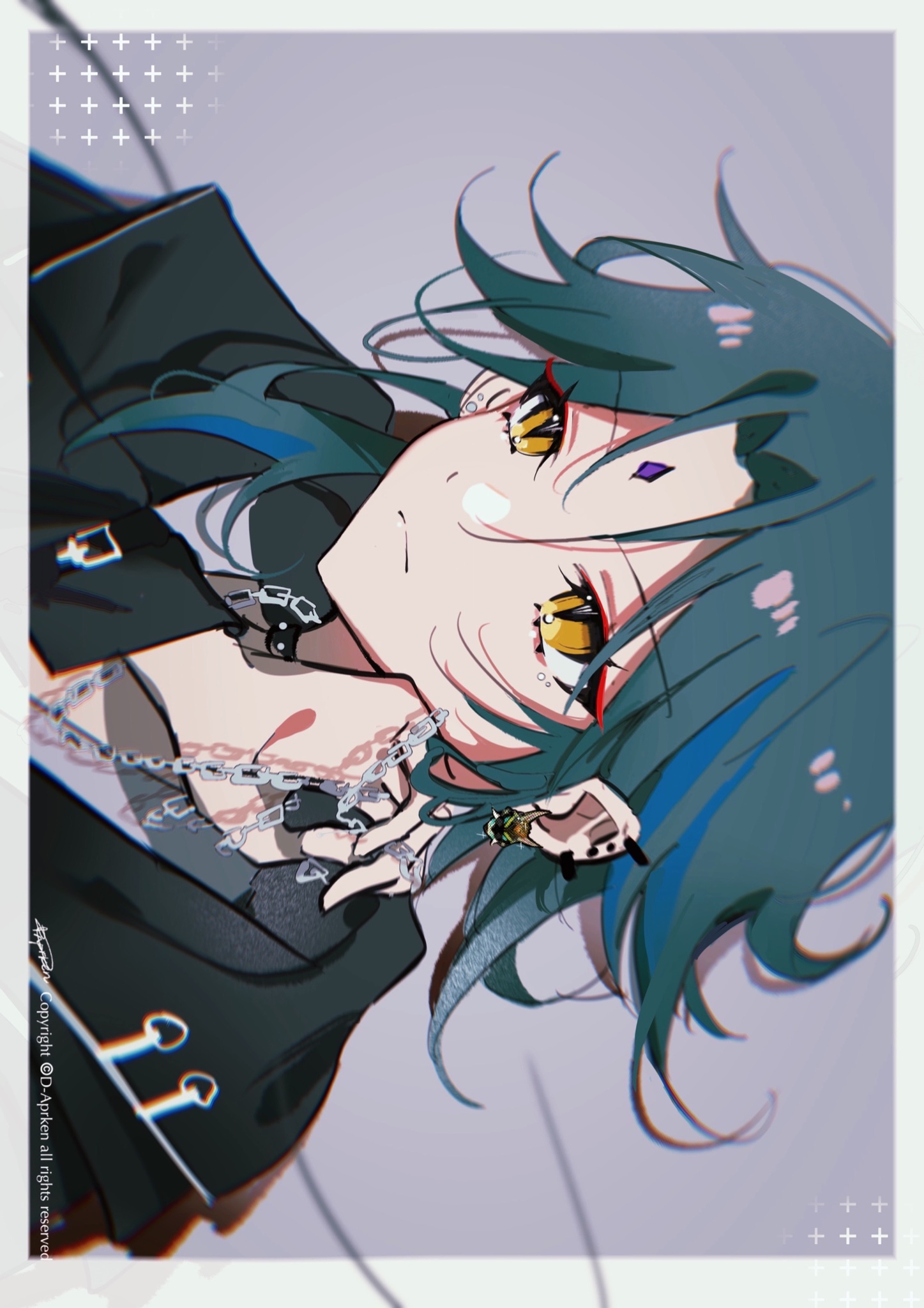 a digital illustration of a stylish anime girl. she has long teal hair, yellow eyes, and black makeup, and is wearing a black jacket with multiple silver chains. she is looking at the viewer with a cool and confident expression. the illustration is done in a modern style with a grunge aesthetic.