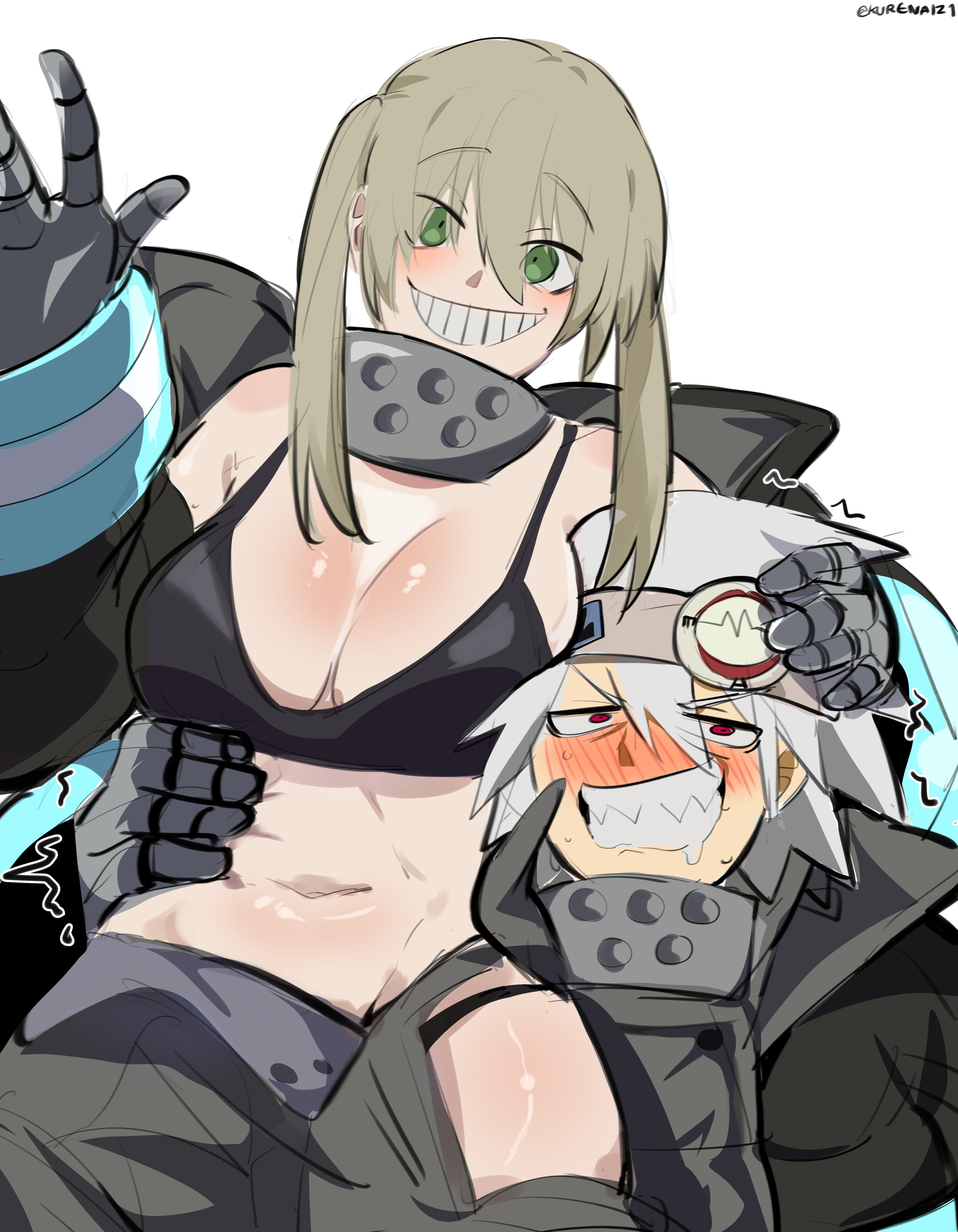 this is a digital illustration of a scene from the anime "fire force". the characters depicted are shinra kusakabe and tamaki kotatsu. shinra has his arm around tamaki, who is blushing and smiling. tamaki has a slight blush on her cheeks. the background is a simple white background.