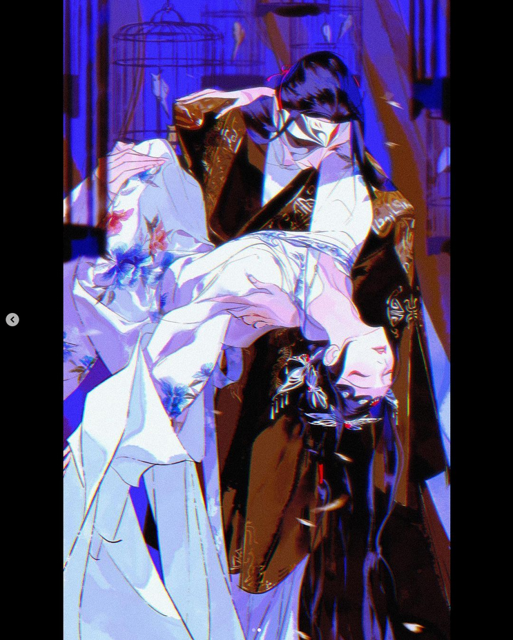 the image is a digital illustration of a romantic scene between two anime characters. the male character is holding the female character in his arms, both in traditional clothing and with elegant poses, conveying a sense of affection and intimacy. the female character is wearing a flowing white dress decorated with flowers, while the male character is dressed in a black suit with gold embroidery. the scene is set in a room with birdcages, with a purple and blue background. the characters' faces are partially obscured by the male character's mask, adding a touch of mystery and allure. the overall mood is romantic and enchanting.
