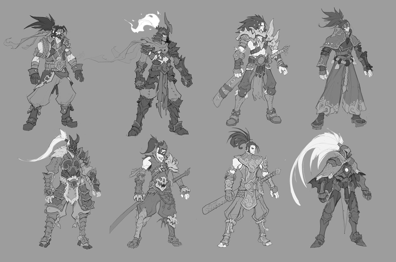 a digital illustration of a collection of eight character design sketches. each sketch features a male character in a fantasy setting, with a unique warrior appearance and wielding swords. they are all drawn in a rough, black and white style, giving the impression of concept art for a video game or book.