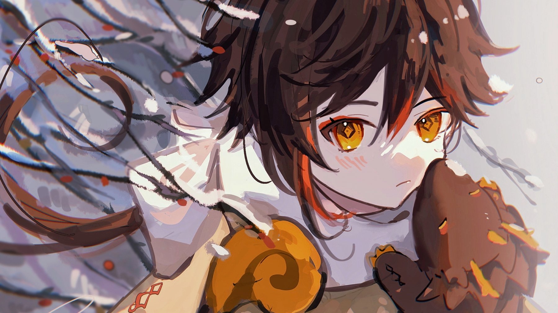 an anime girl with brown hair and yellow eyes is smiling and cuddling with a fluffy brown animal. she is wearing a white shirt and has a warm, happy expression on her face. the background is a white snowy scene.