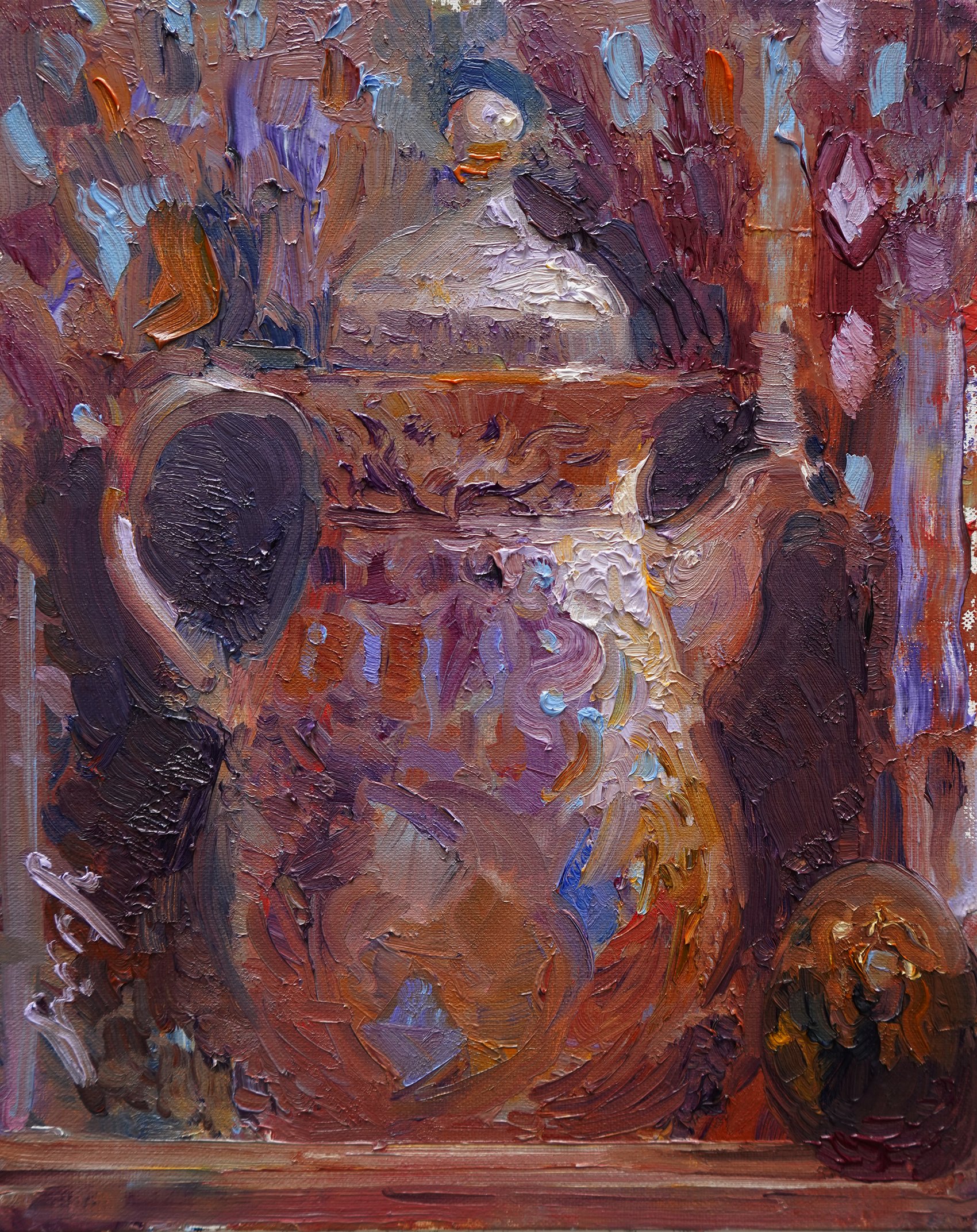 a still life oil painting of a ceramic teapot, possibly antique, with an ornate design of floral patterns in blue, purple and beige on a brown background. the painting is done in a textured style with visible brushstrokes, giving it an abstract feel.