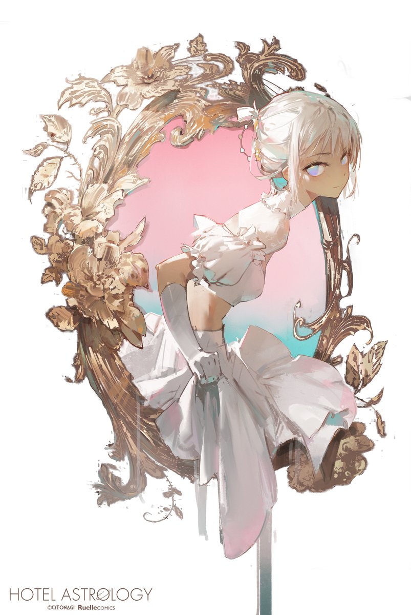 a digital illustration of an anime girl with white hair and blue eyes, wearing a white dress and posed gracefully in a gold floral frame. the background is pink and white with blue and green accents. the girl's eyes are closed and she has a soft expression on her face. the art style is delicate and whimsical, with soft colors and flowing lines. the illustration evokes a sense of ethereal beauty and wonder.