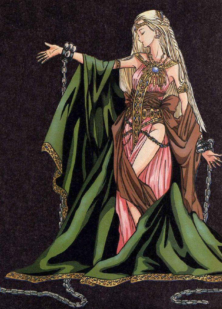 he image is a fantasy illustration of a beautiful young woman with long blonde hair, styled in a princesslike manner. she's adorned in elaborate jewelry and a flowing gown, part pink and part dark brown, draped over a long green robe, that is accented with gold trim and details. her wrists are bound by chains that trail across the ground, hinting at imprisonment or captivity. her expression appears thoughtful, maybe slightly sad or resigned. the art style leans towards manga or anime, with its distinctive character design and use of line work and coloring.  the dark background enhances the contrast and focuses attention on the figure, emphasizing her regal appearance.