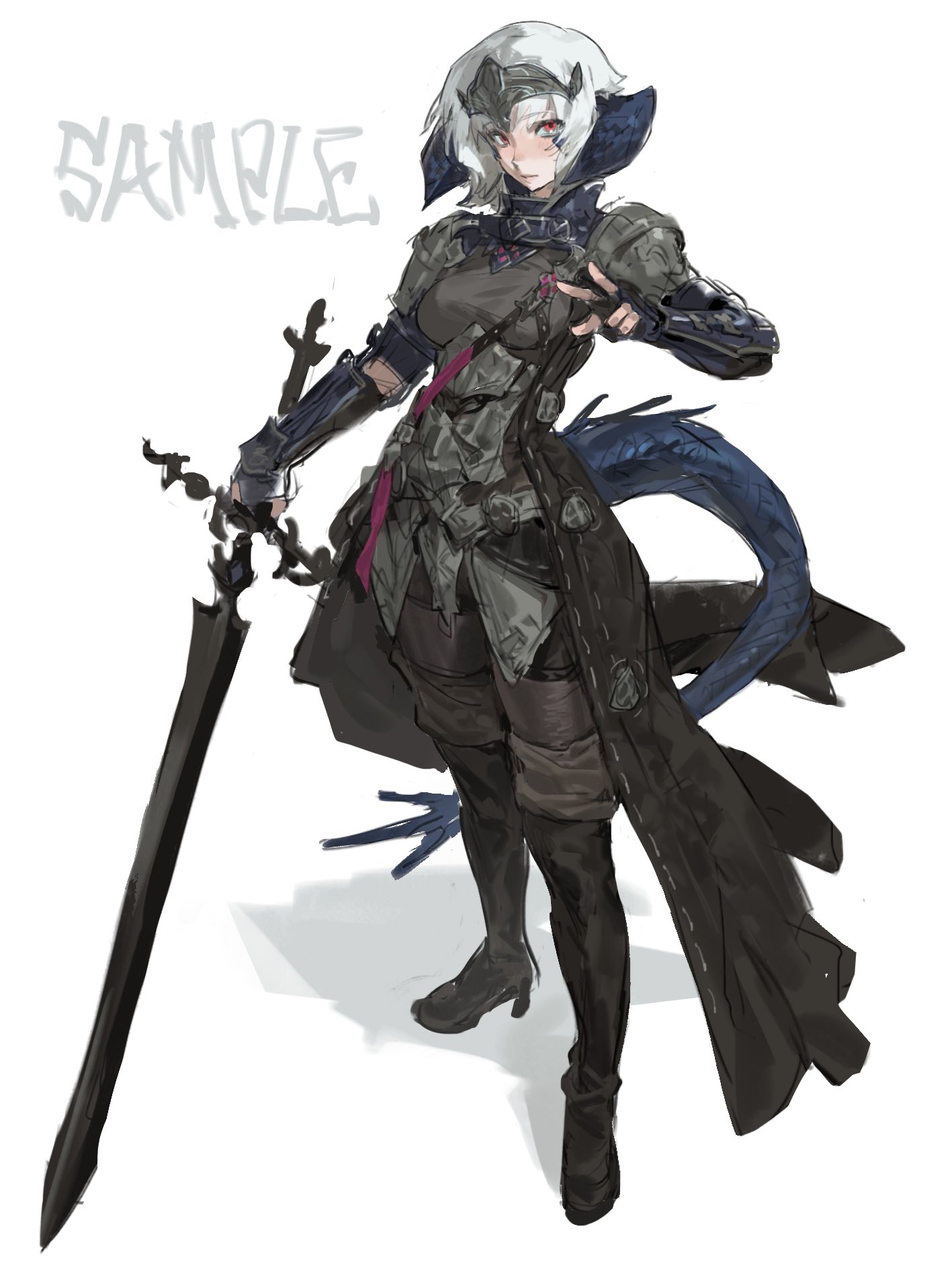 a digital illustration of an anime girl warrior. she has white hair and wears a dark cloak and armor. she is holding a sword in her right hand. she looks ready to fight, her expression focused and determined.