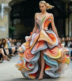 a model walks the runway in a stunning, avantgarde dress made of multiple layers of colorful fabric. the dress is a masterpiece of abstract design, with its flowing, organic shapes and vibrant colors. the model's confident pose and the dramatic backdrop create a sense of wonder and intrigue.