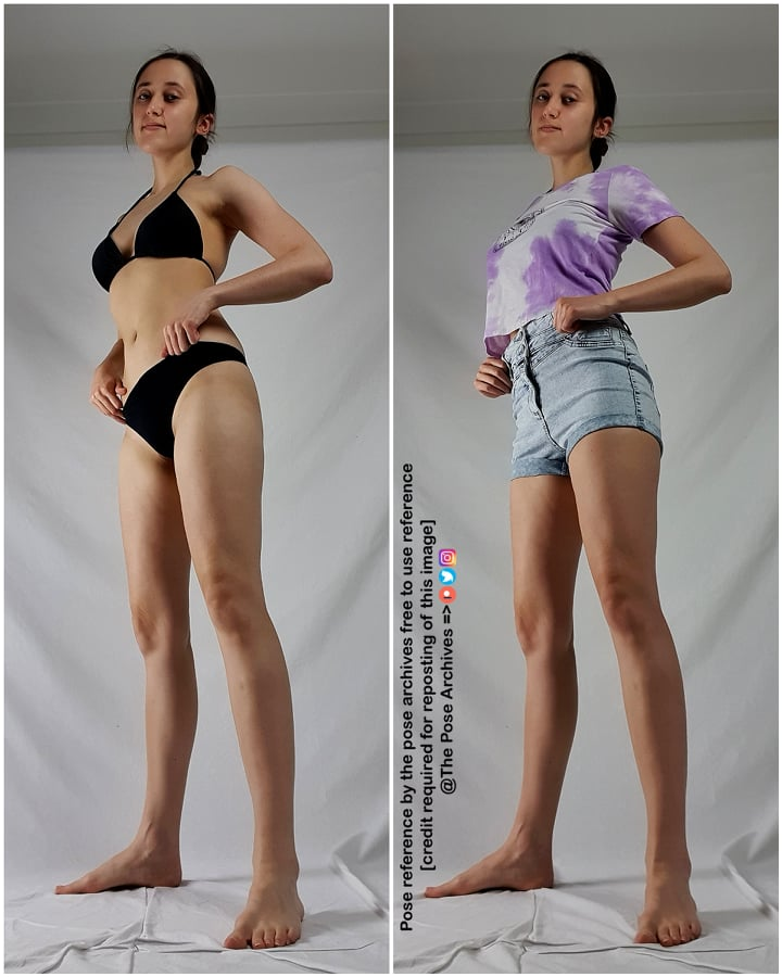 a young woman poses in front of a white background in two different outfits. on the left, she wears a black bikini, and on the right, she wears a purple tiedye crop top and denim shorts. the image is a pose reference for artists.